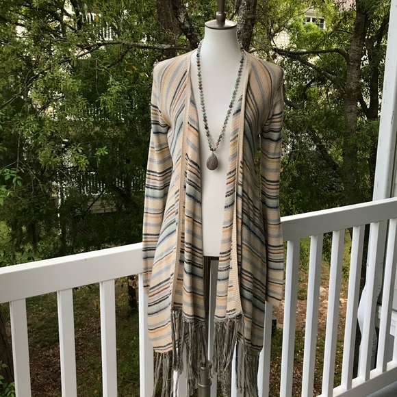 Lucky Brand Sweaters - Lucky Brand Striped Long Boho Cardigan XS Tan Blue
